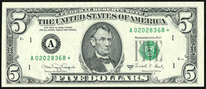 1995 five dollar federal reserve notes_amp